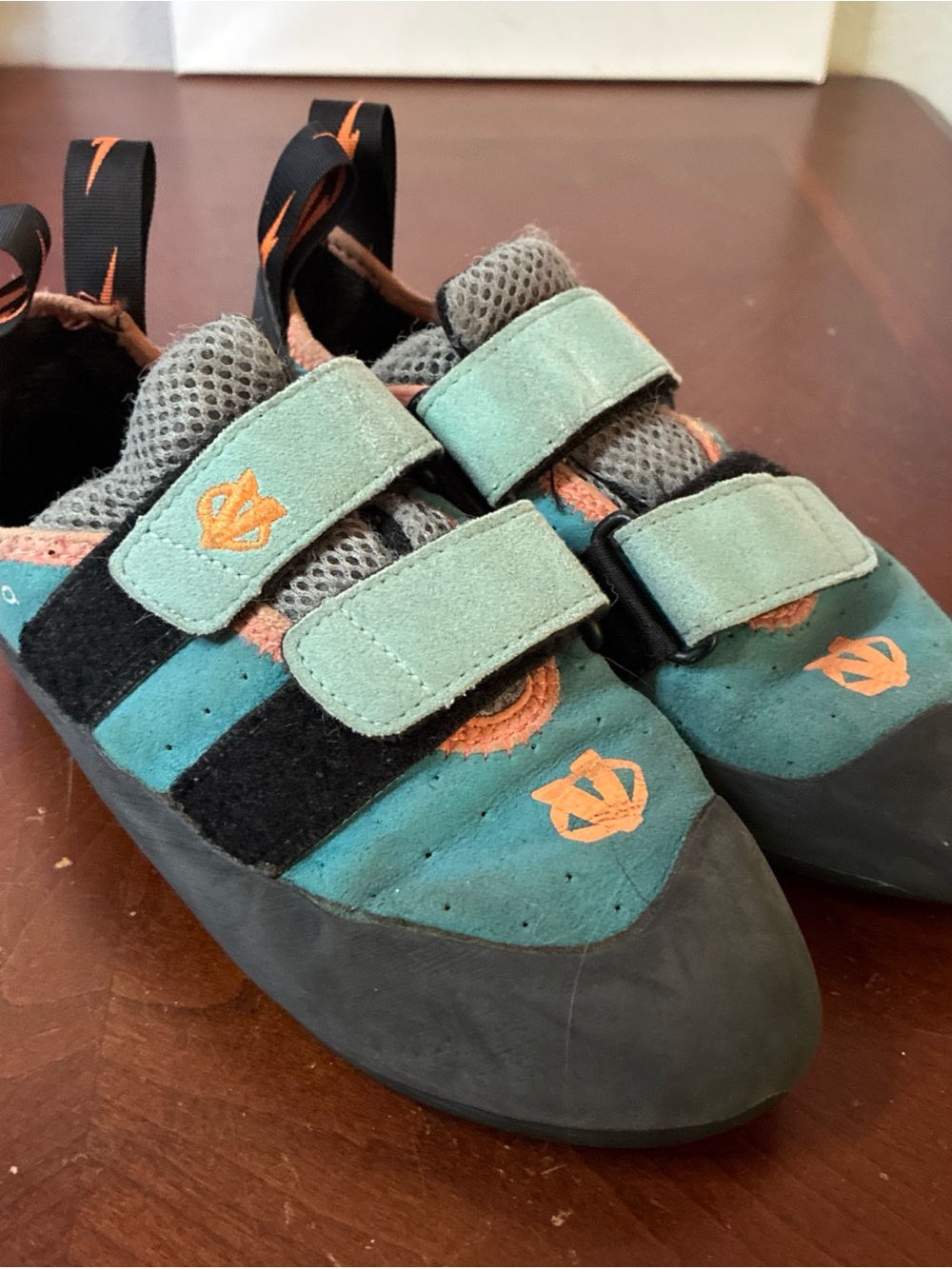 Women's Teal and Black Athletic Climbing Shoes with Orange Accents